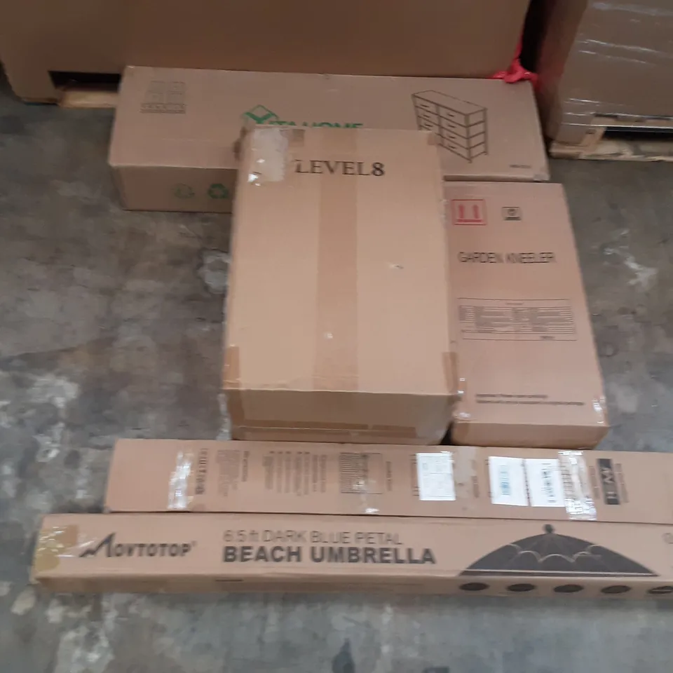 PALLET OF ASSORTED PRODUCTS INCLUDING YITA HOME DRAWER CABINET, LEVEL 8 SUITCASE, MOVTOTOP BEACH UMBRELLA, GARDEN KEELER, SLIDING DOOR TRACK AND HARDWARE, MASTER CANOPY COMPACT CANOPY