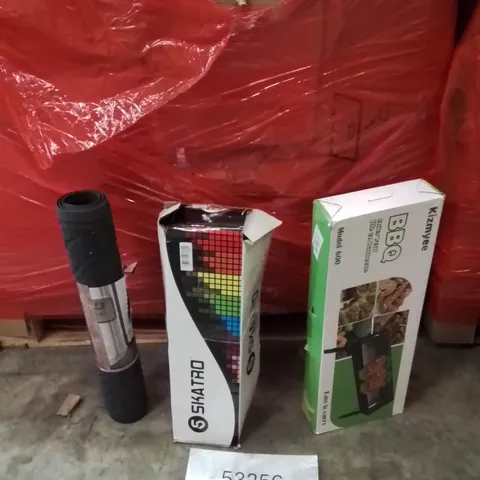 PALLET OF ASSORTED HOUSEHOLD GOODS AND PRODUCTS TO INCLUDE;AREA RUG,SKATEBOARD,BBQ