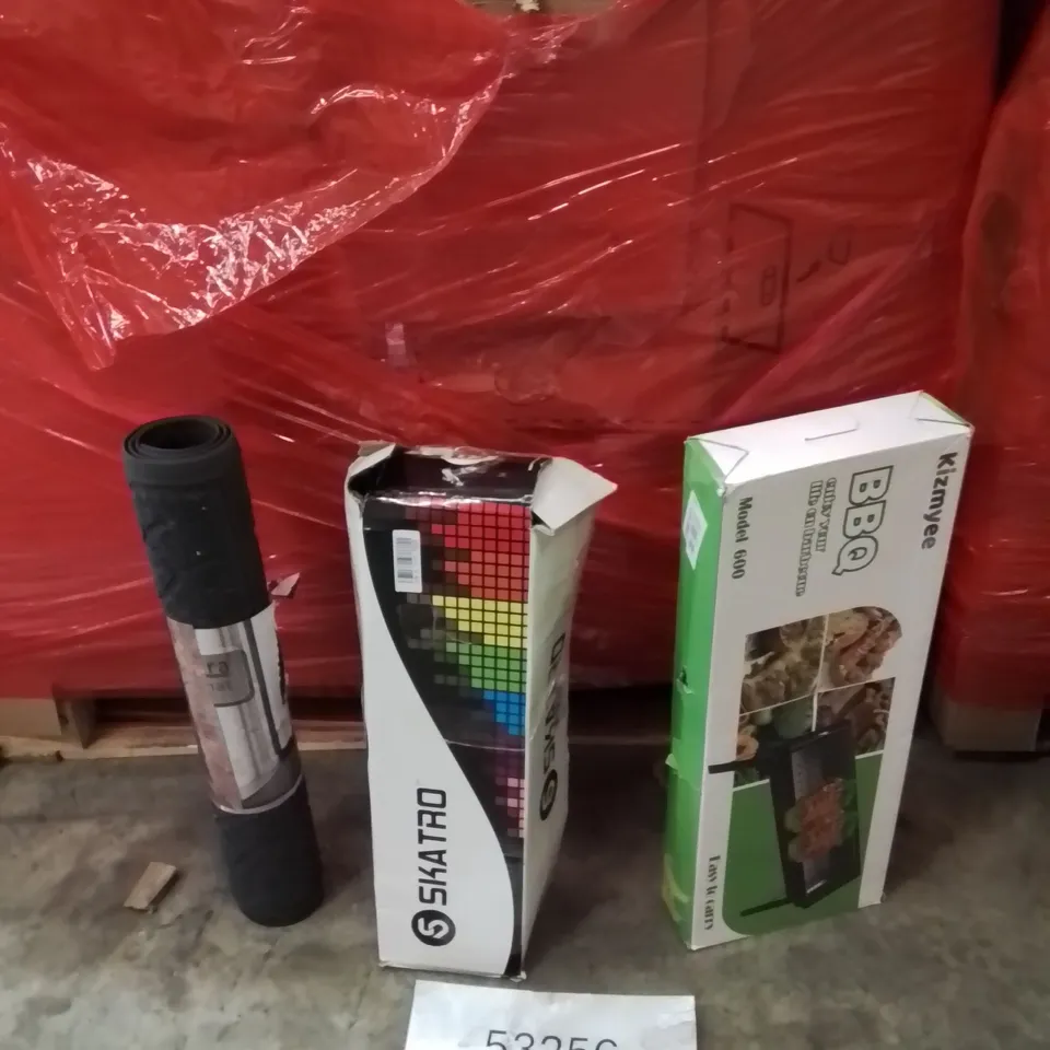 PALLET OF ASSORTED HOUSEHOLD GOODS AND PRODUCTS TO INCLUDE;AREA RUG,SKATEBOARD,BBQ