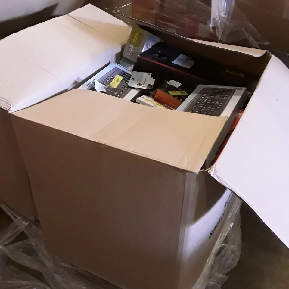 BOX OF ASSORTED ELECTRONIC PRODUCTS INCLUDING WIRELESS KEYBOARDS, BLUETOOTH RADIOS, EAR BUDS, UNIVERSAL REMOTE, STEREO CABLE