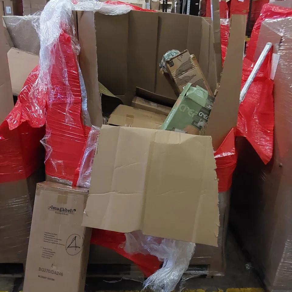 PALLET TO CONTAIN ASSORTED HOUSEHOLD ITEMS AND CONSUMER PRODUCTS. INCLUDES BASKET, FOLDABLE PICNIC TABLE, OFFICE CHAIR, CONVECTION HEATER, BOXED FURNITURE ETC 