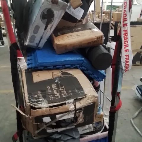 CAGE OF ASSORTED HOUSEHOLD GOODS AND PRODUCTS TO INCLUDE;GYM MATS,FAN,SLEEPING BAG,COOLING GEL PILLOW CASE