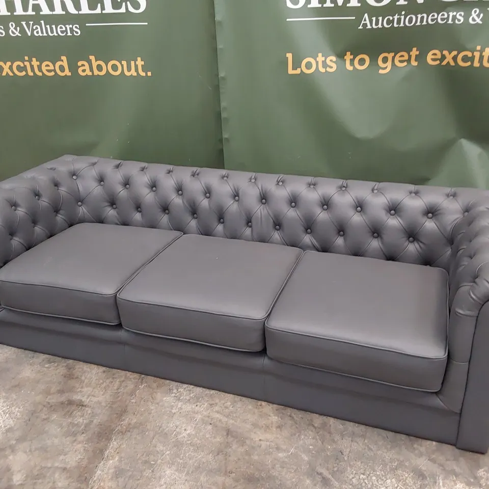 DESIGNER THREE SEATER CHESTERFIELD SOFA GREY LEATHER 