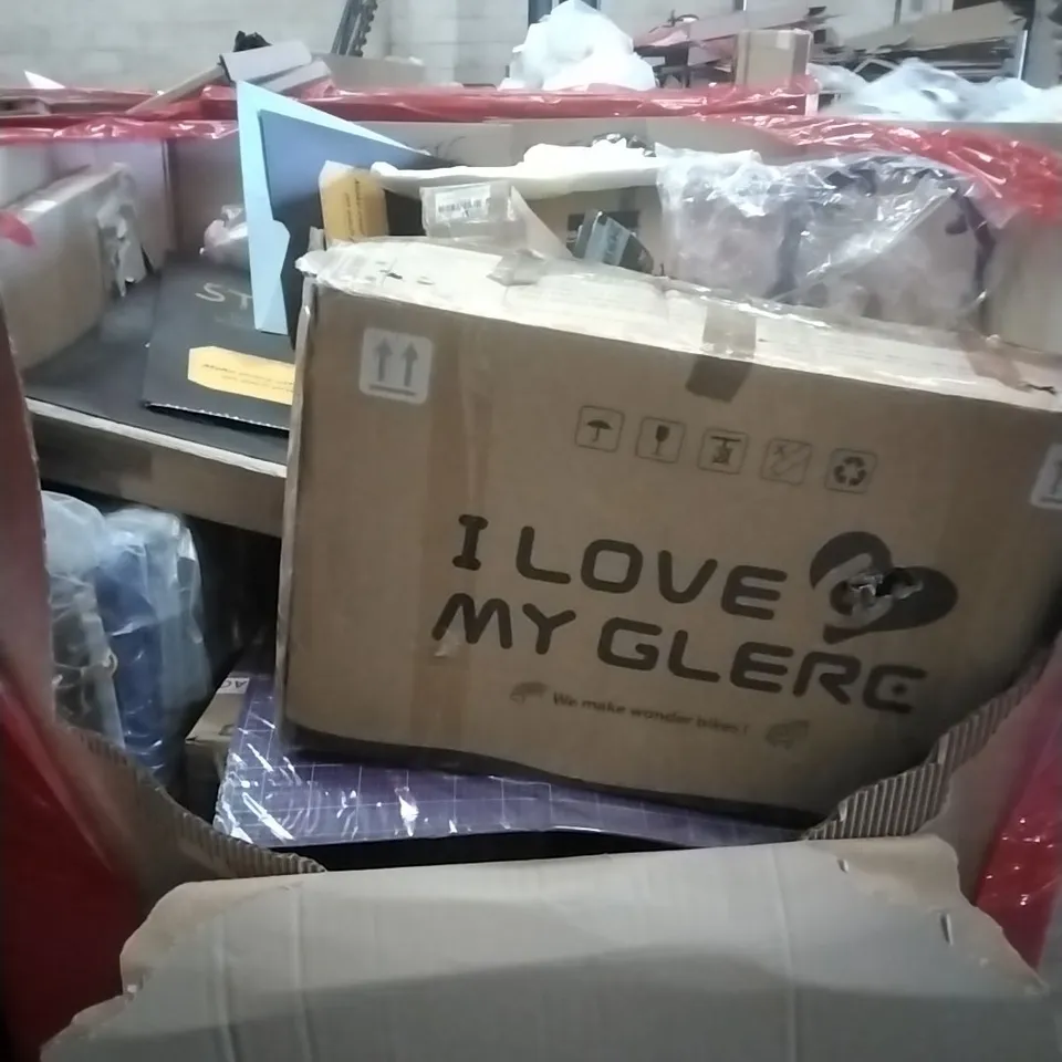 PALLET OF ASSORTED HOUSEHOLD GOODS AND PRODUCTS TO INCLUDE;BIKE, BOXED FURNITURE ETC