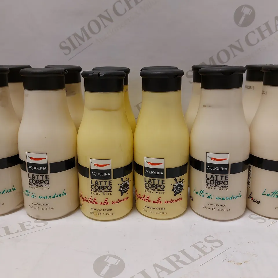 LOT OF APPROX 12 X 250ML ASSORTED AQUOLINA BODY MILKS