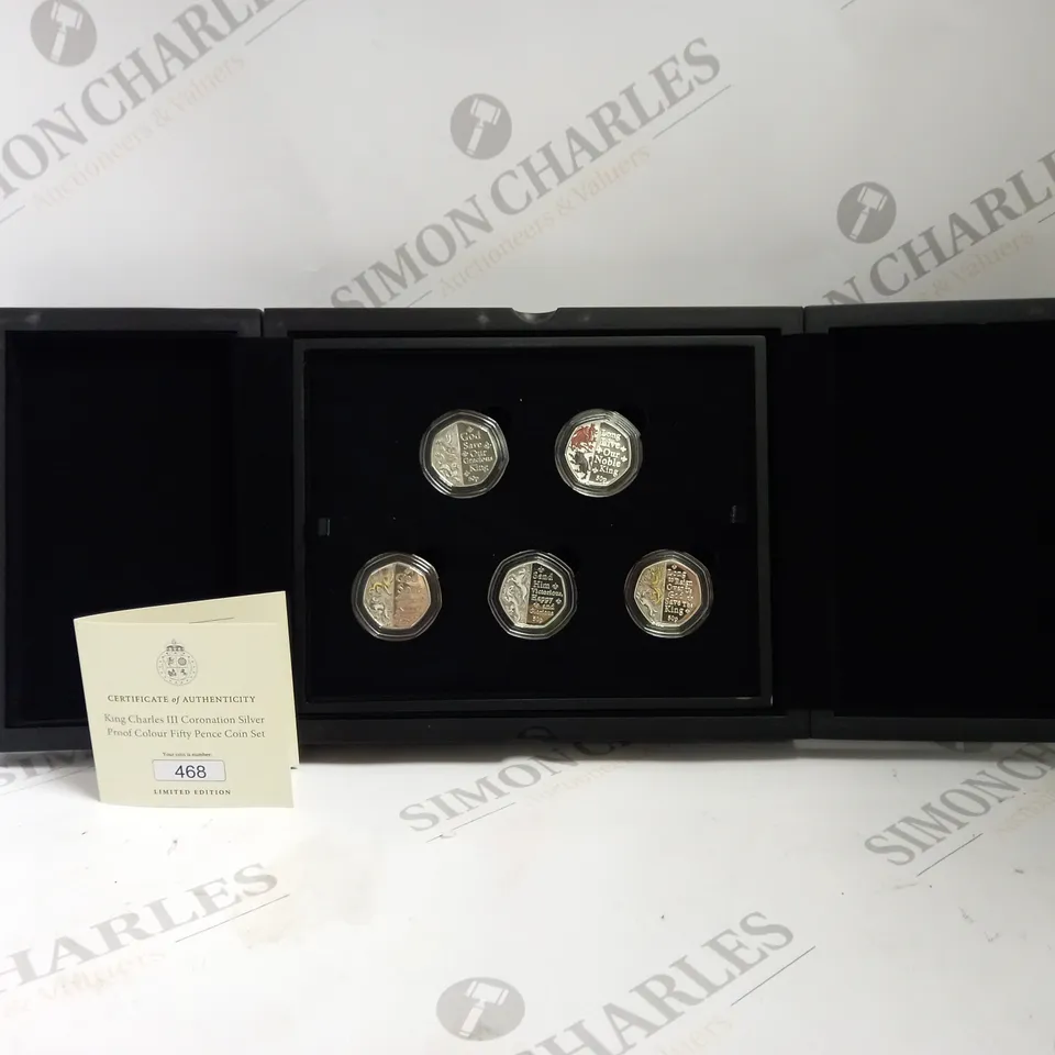 BOXED KING CHARLES III CORONATION SILVER PROOF COLOUR FIFTY PENCE COIN SET LIMITED EDITION WITH CASE