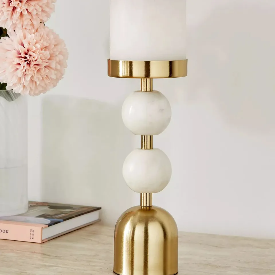 PILLAR CANDLE HOLDER WITH DOUBLE BOBBLE DETAIL - MARBLE/BRASS
