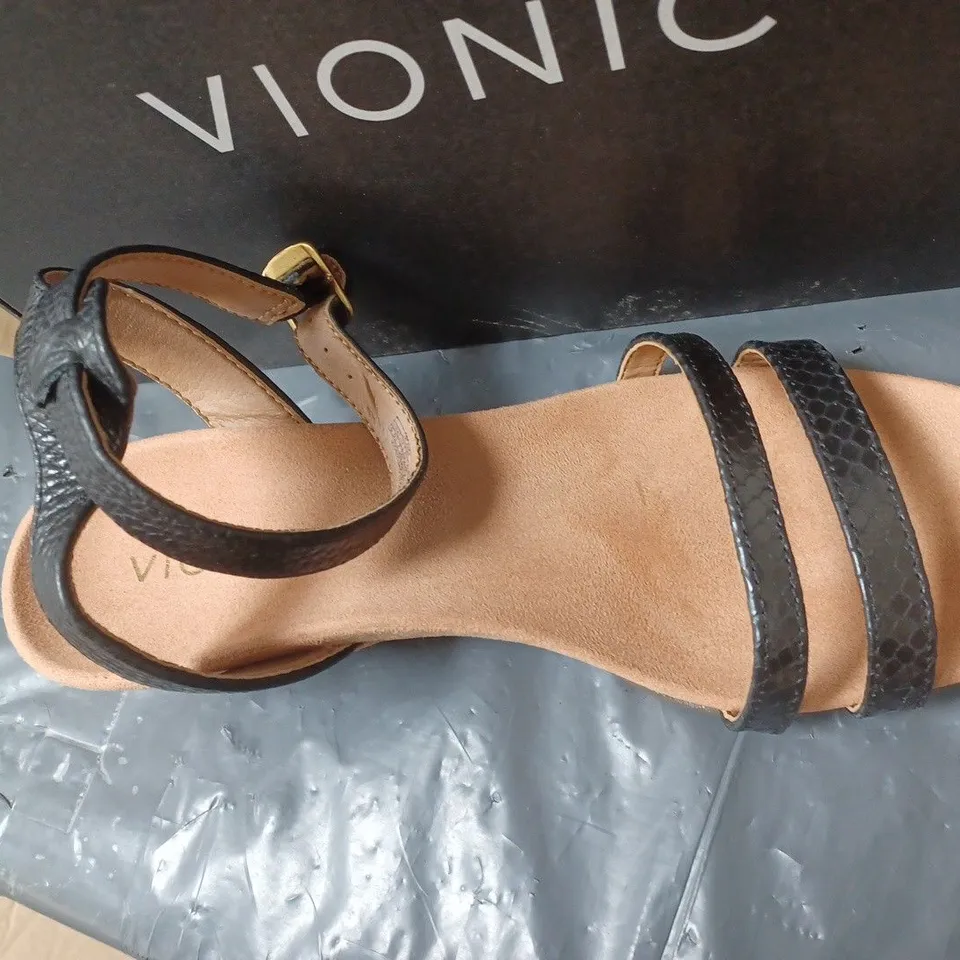 BOXED PAIR OF BLACK WEDGE HEEL SANDALS SIZE UNSPECIFIED