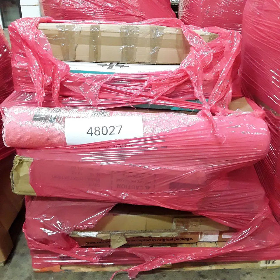 PALLET OF ASSORTED PRODUCTS INCLUDING TV STAND FOR 40"-70" SCREEN, FIBER GLASS RENDER MESH, 3' SINGLE BED