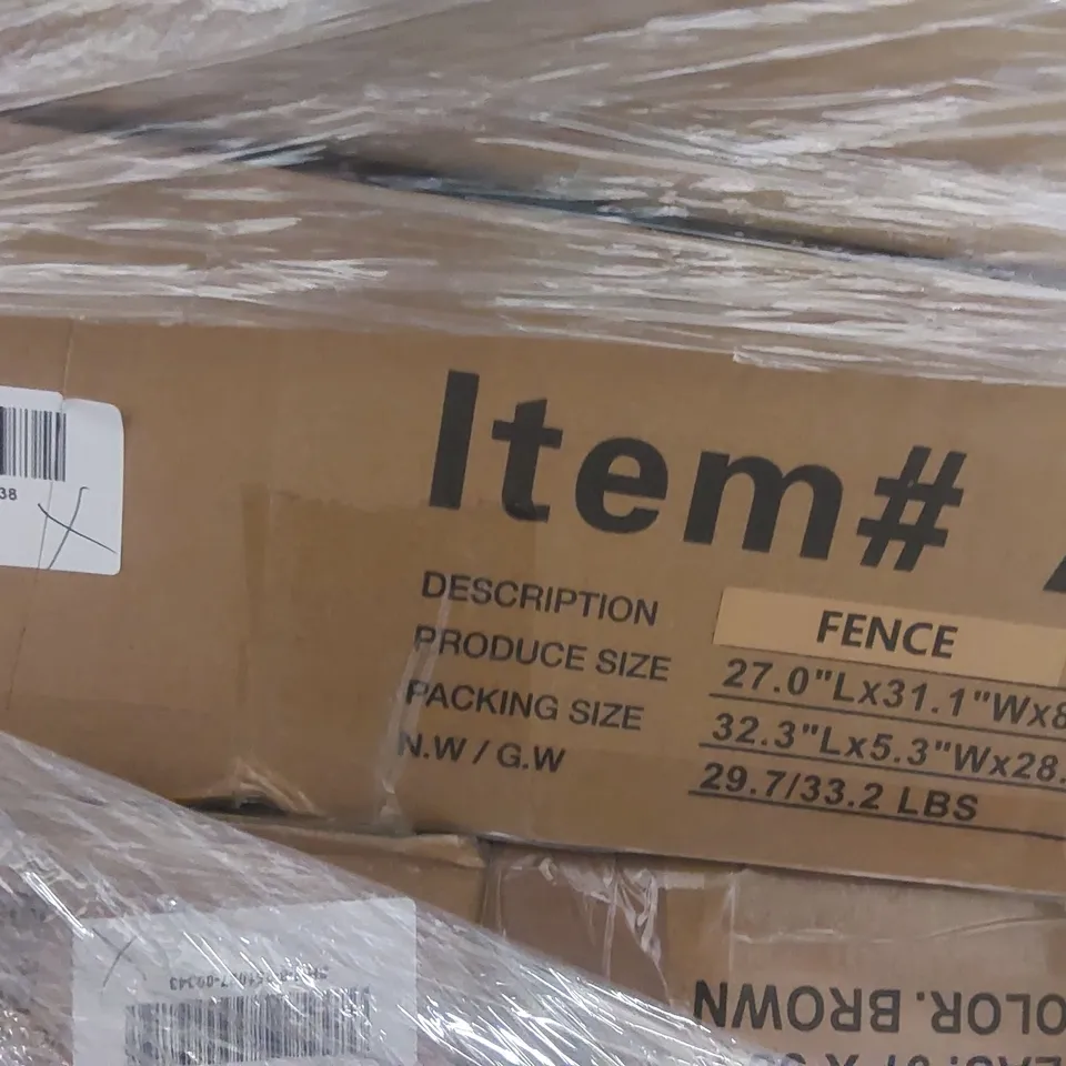 PALLET OF ASSORTED ITEMS INCLUDING: CHAIR, FENCE, FARMHOUSE TABLE ECT