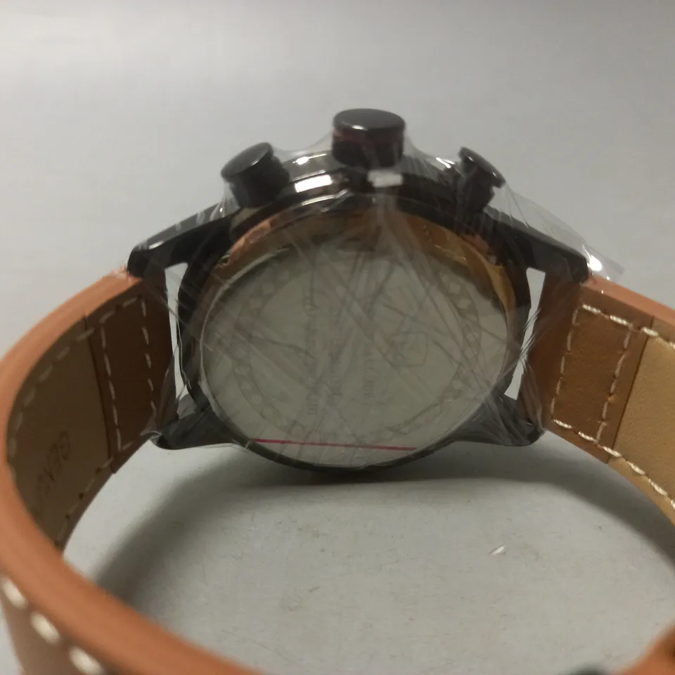 MENS LOUIS LACOMBE CHRONGRAPH WATCH – 3 SUB DIALS – BLACK CASE – LEATHER STRAP