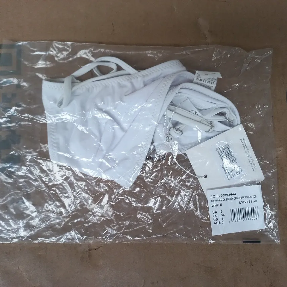 BAGGED MISSGUIDED MIX AND MATCH SPORTY CROSS BACK BIKINI TOP IN WHITE SIZE UK 6