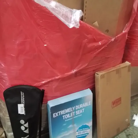 PALLET OF ASSORTED HOUSEHOLD GOODS AND PRODUCTS TO INCLUDE;TOILET SEAT,SPORTS RACKET,PICTURE FRAME