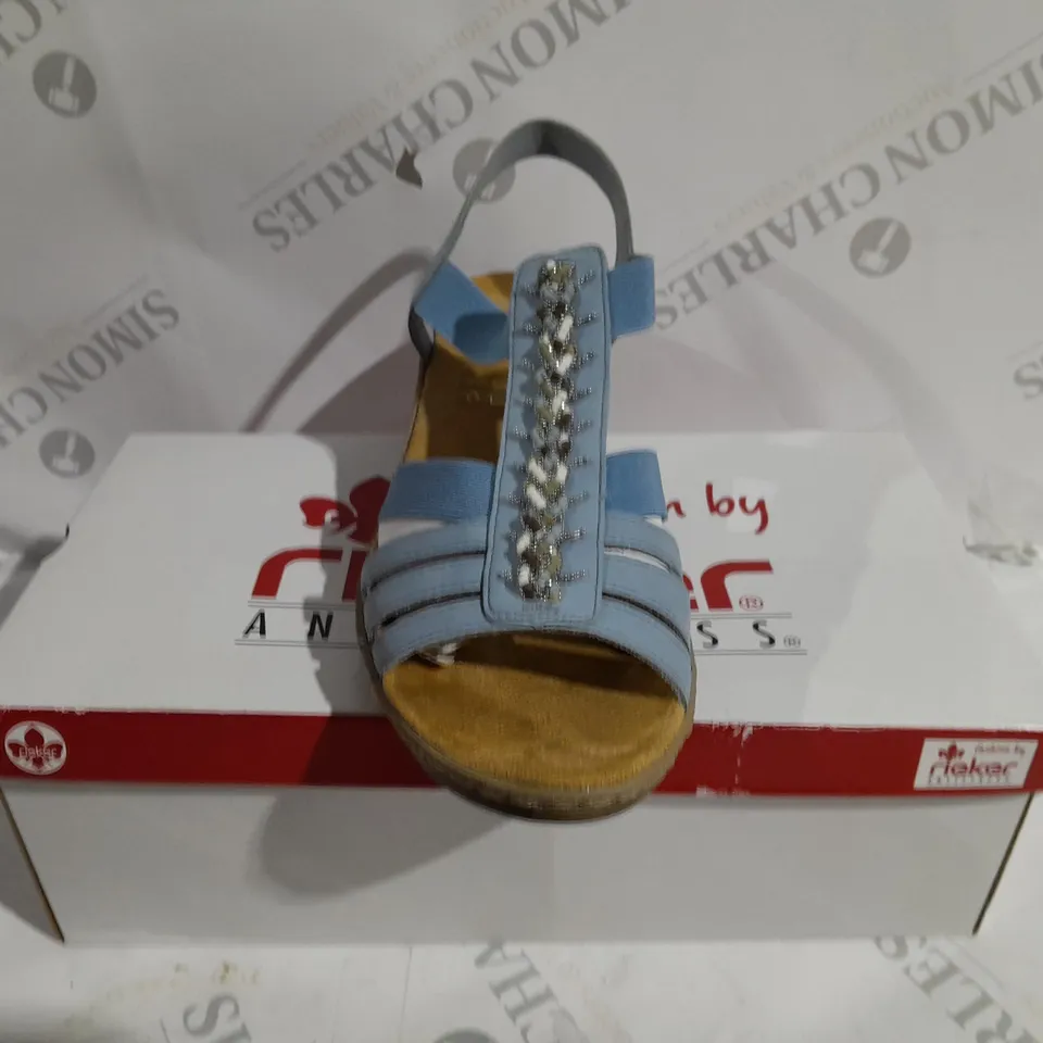 BOXED PAIR OF RIEKER BEADED SANDALS BLUE SIZE 6