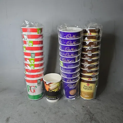 APPROXIMATELY 14 ASSORTED FOOD ITEMS TO INCLUDE -HOT CHOCOLATE , VEGETABLE SOUP , DOUBLE EGBERTS ETC
