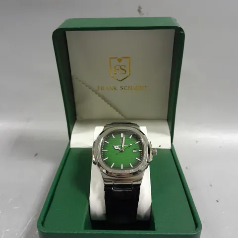 BOXED FRANK SCHMIDT FSL AMBASSADOR TEXTURED DIAL WITH DATE & LEATHER STRAP IN BLACK