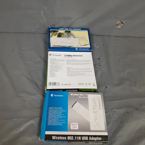 BOX OF ASSORTED ELECTRICAL ITEMS TO INCLUDE FAX MODEM AND USB ADAPTERS