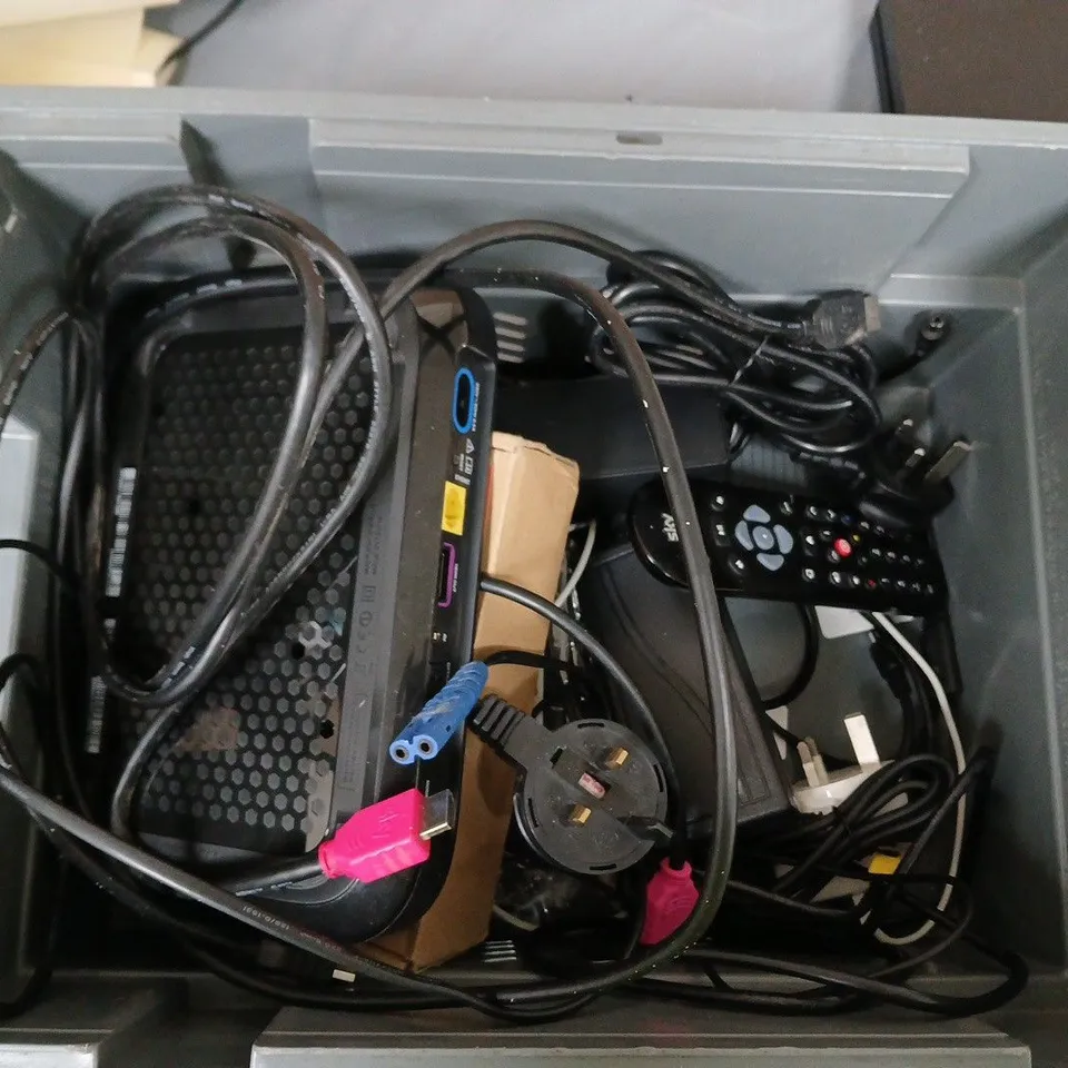 ASSORTED BOX OF CABLES AND WIFI ROUTERS ECT.APPROXIMATLEY 10 ITEMS