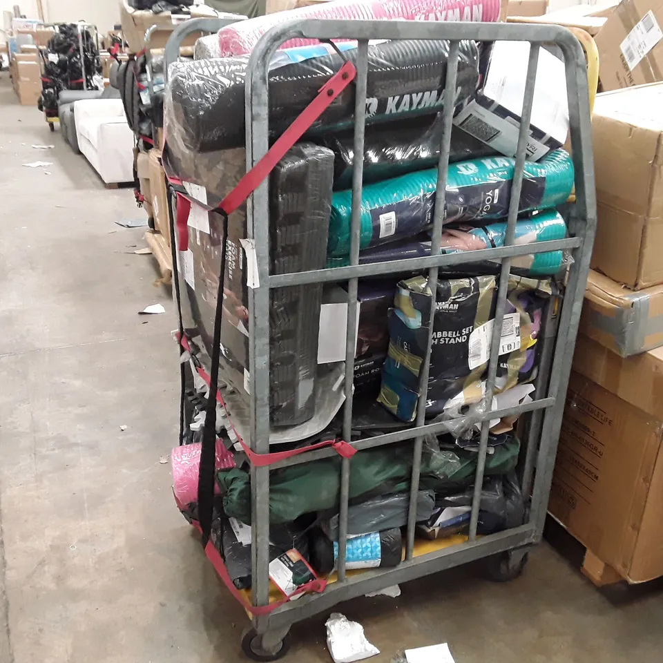 CAGE TO CONTAIN AN ASSORTMENT OF HOUSEHOLD ITEMS TO INCLUDE YOGA MATTS, EXERCISE MATS AND FOAM ROLLERS ECT 