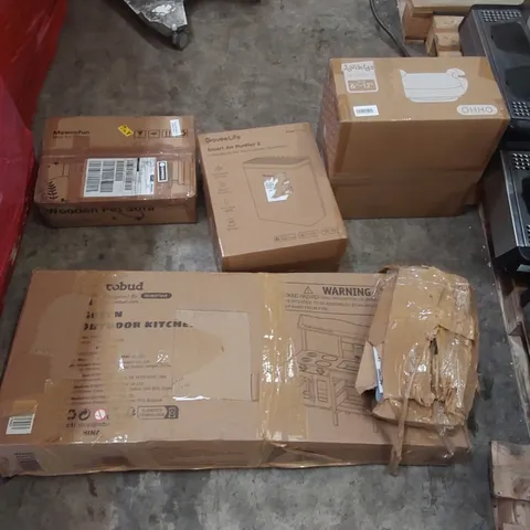 PALLET OF ASSORTED ITEMS INCLUDING: OUTDOOR KITCHEN TOY, GOVEELIFE SMART AIR PURIFIER 2, JOVIKIDS BOOSTER SEAT, WOODEN PET SOFA ECT