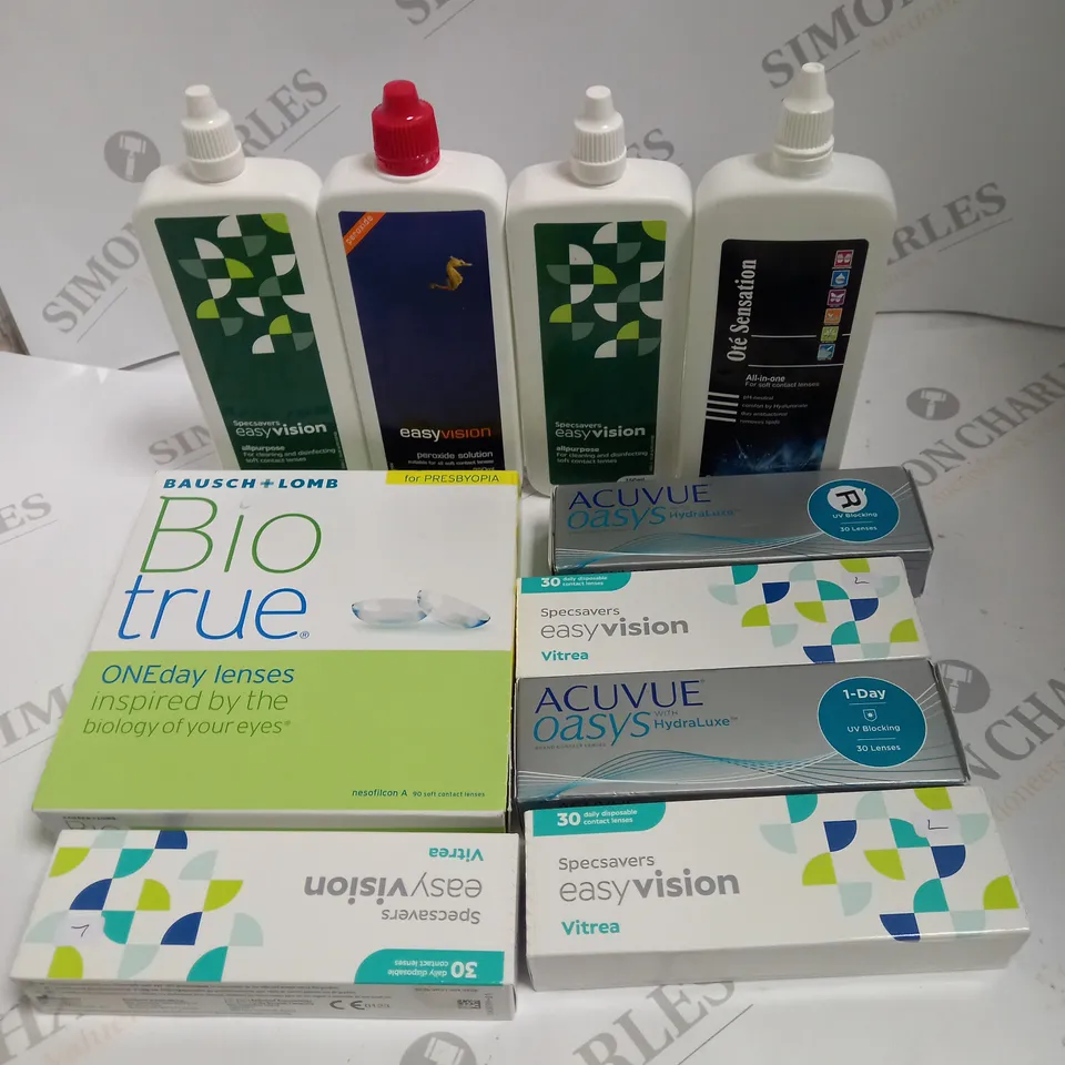 BOX TO CONTAIN APPROX. 30 X ASSORTED VISION CARE PRODUCTS. INCLUDES PACKS OF CONTACT LENSES & CONTACT LENSE CLEANING SOLUTION. BRANDS VARY - COLLECTION ONLY