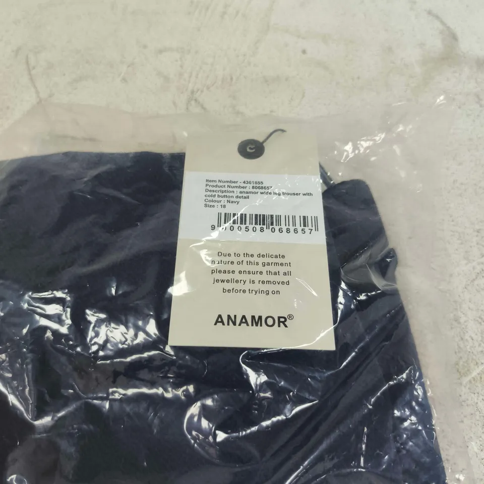 ANAMOR WIDE LEG TROUSER WITH BUTTON DETAIL NAVY SIZE 18 TAGGED BAGGED
