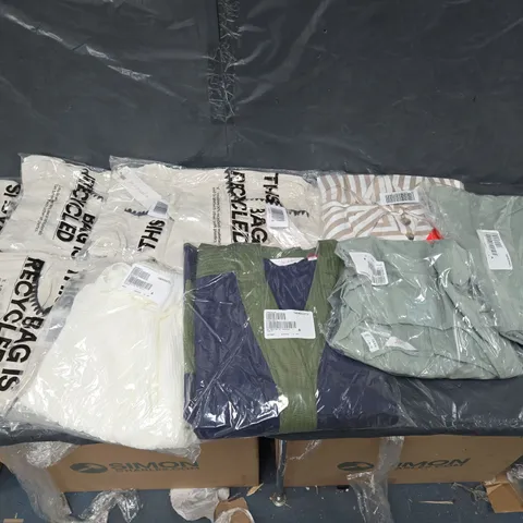 BOX OF APPROXIMATELY 10 ASSORTED BAGGED PIECES OF CLOTHING IN VARIOUS STYLES, SIZES, AND BRANDS