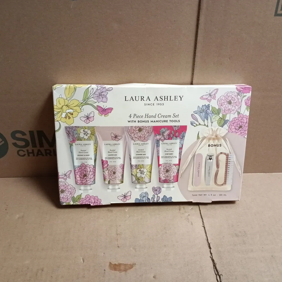 LAURA ASHLEY 4 PIECE HAND CREAM SET WITH BONUS MANICURE TOOLS