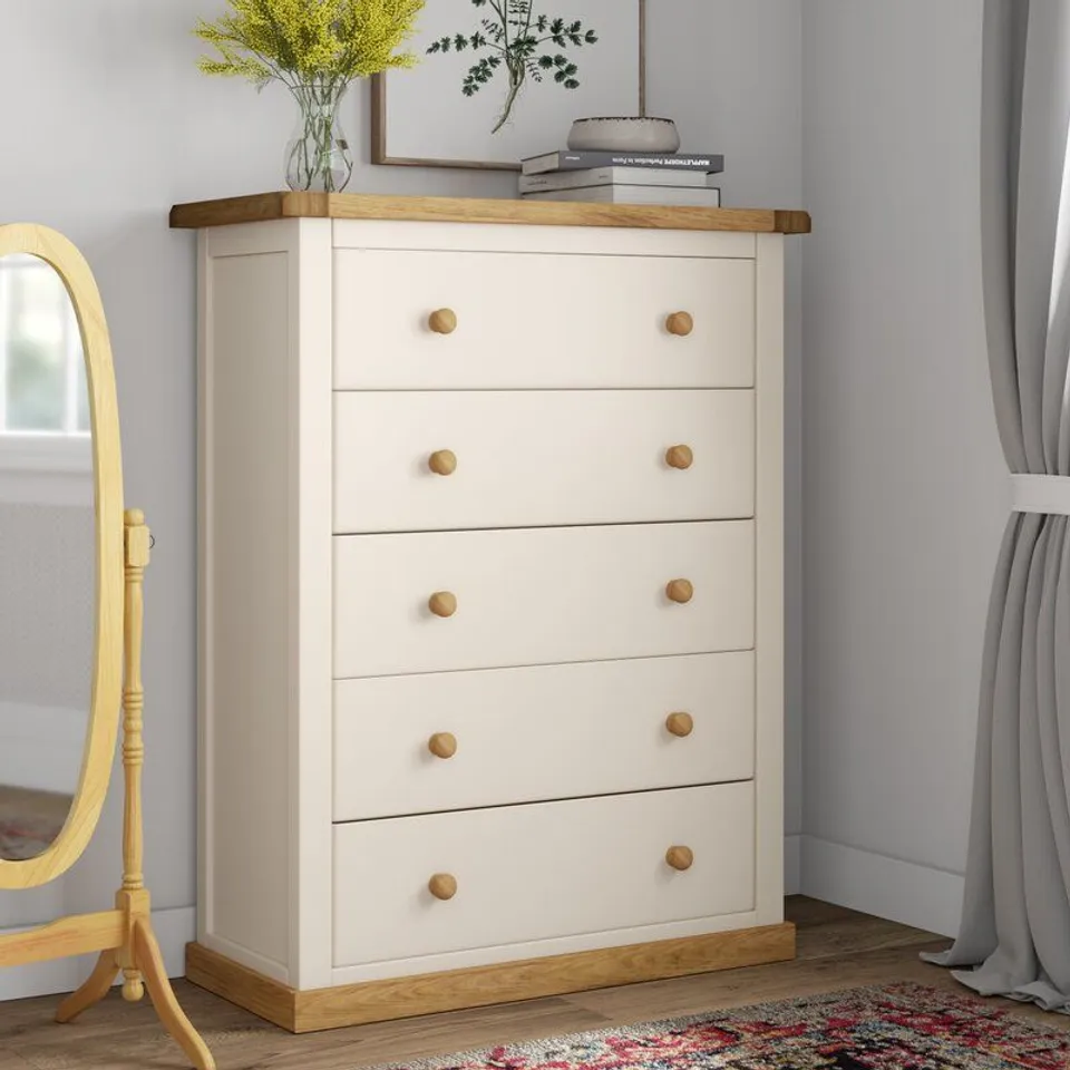 BOXED WHITE 5 DRAWER CHEST OF DRAWERS