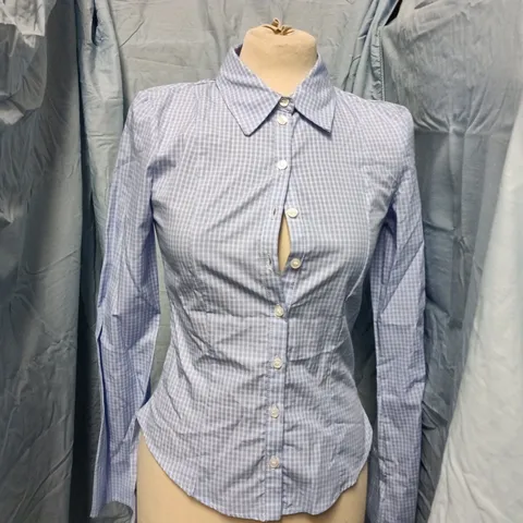 BERSHKA LIGHT BLUE CHECK SHIRT – WOMEN'S, US S / EU S – MADE IN MOROCCO