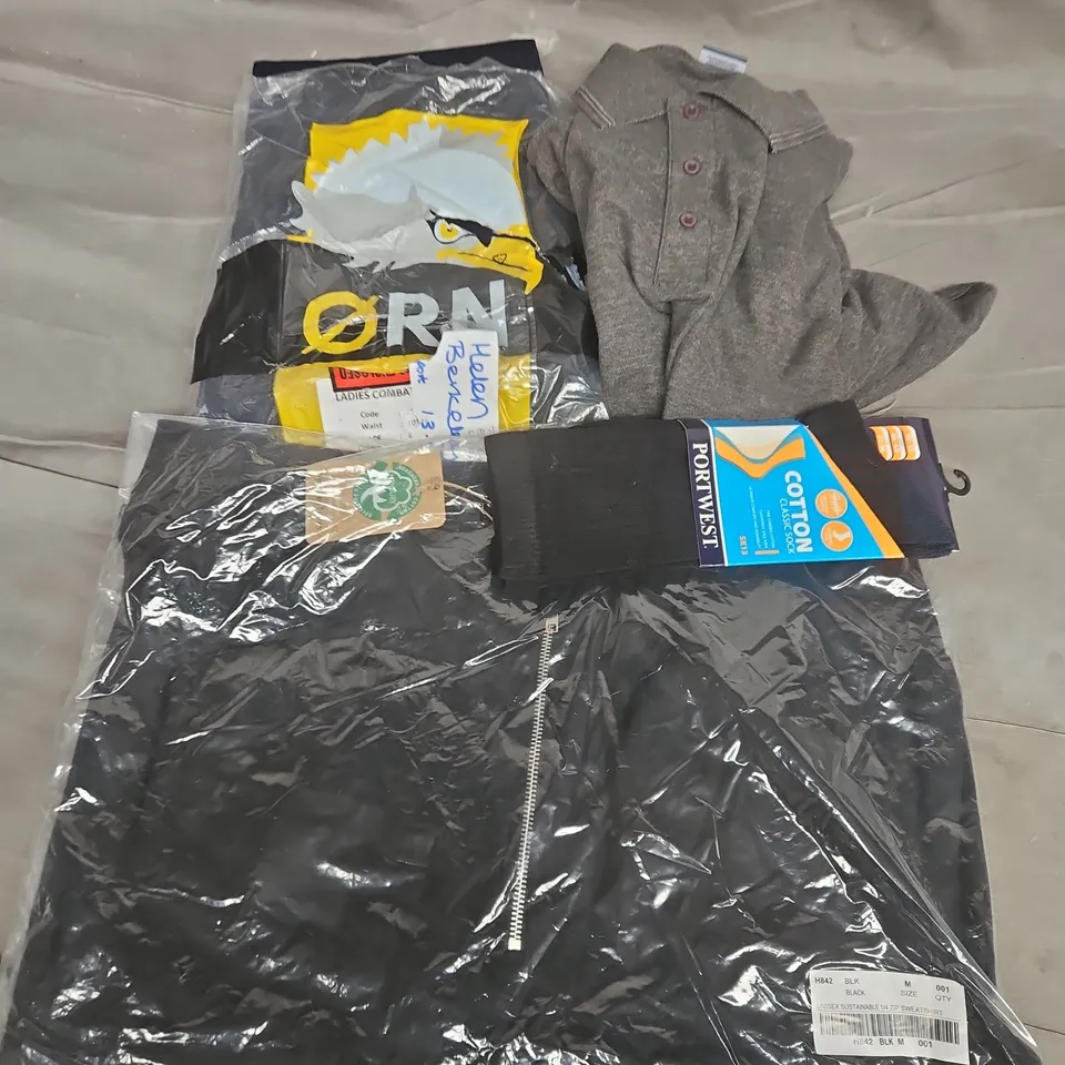 APPROXIMATELY 15 ASSORTED WORKWEAR CLOTHING ITEMS IN VARIOUS SIZES TO INCLUDE HENBURY 1/4 ZIP SWEATSHIRT, PORTWEST CLASSIC SOCKS, LADIES COMBAT TROUSERS, ETC