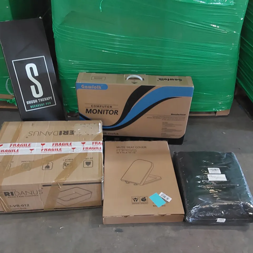 PALLET OF ASSORTED CONSUMER PRODUCTS TO INCLUDE: COMPUTER MONITOR, BATHROOM SINK, SHUSH THERAPY RECOVERY POD, 24FT ROUND POOL COVER, TOILET SEAT COVER ECT