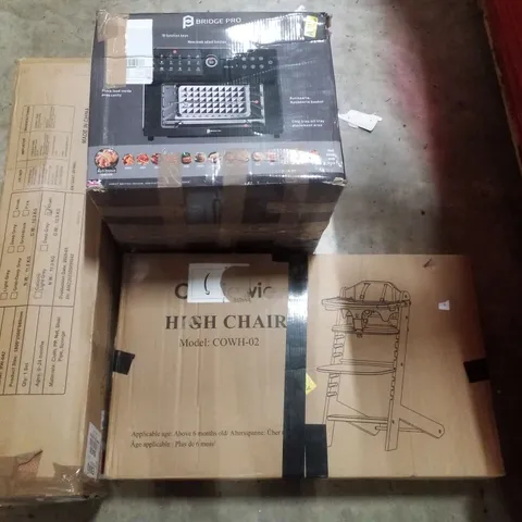PALLET CONTAINING ASSORTED PRODUCTS INCLUDING HIGH CHAIR, BRIDGE PRO 30L AIR FRYER OVEN, BABY PLAYPEN & COFFEE TABLE