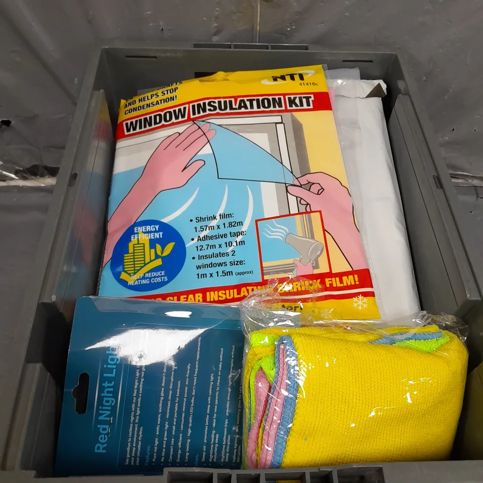 APROXIMATELY 8 ASSORTED HOUSEHOLD ITEMS TO INCLUDE WINDOW INSULATION KIT , SHOWER TIME INDICATOR , RED NIGHT LIGHT , ETC 