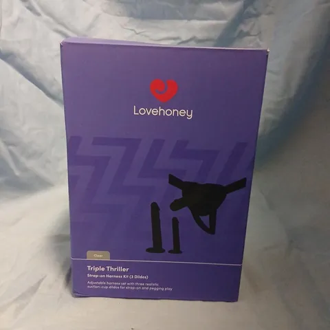 LOVEHONEY TRIPLE THRILLER STRAP-ON HARNESS KIT (3 DILDOS) – BOXED