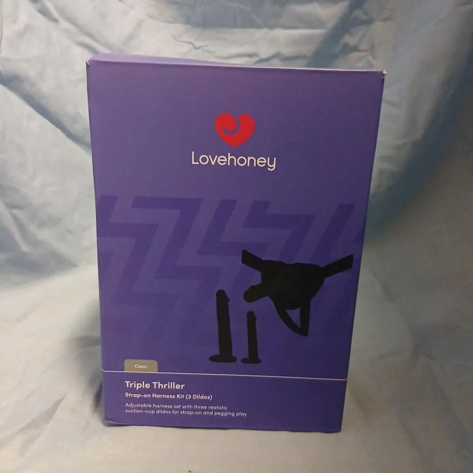 LOVEHONEY TRIPLE THRILLER STRAP-ON HARNESS KIT (3 DILDOS) – BOXED