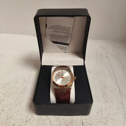 ERNEST FERDINAND WATCH WITH BROWN LEATHER STRAP, SILVER DIAL AND ROSE-GOLD BEZEL