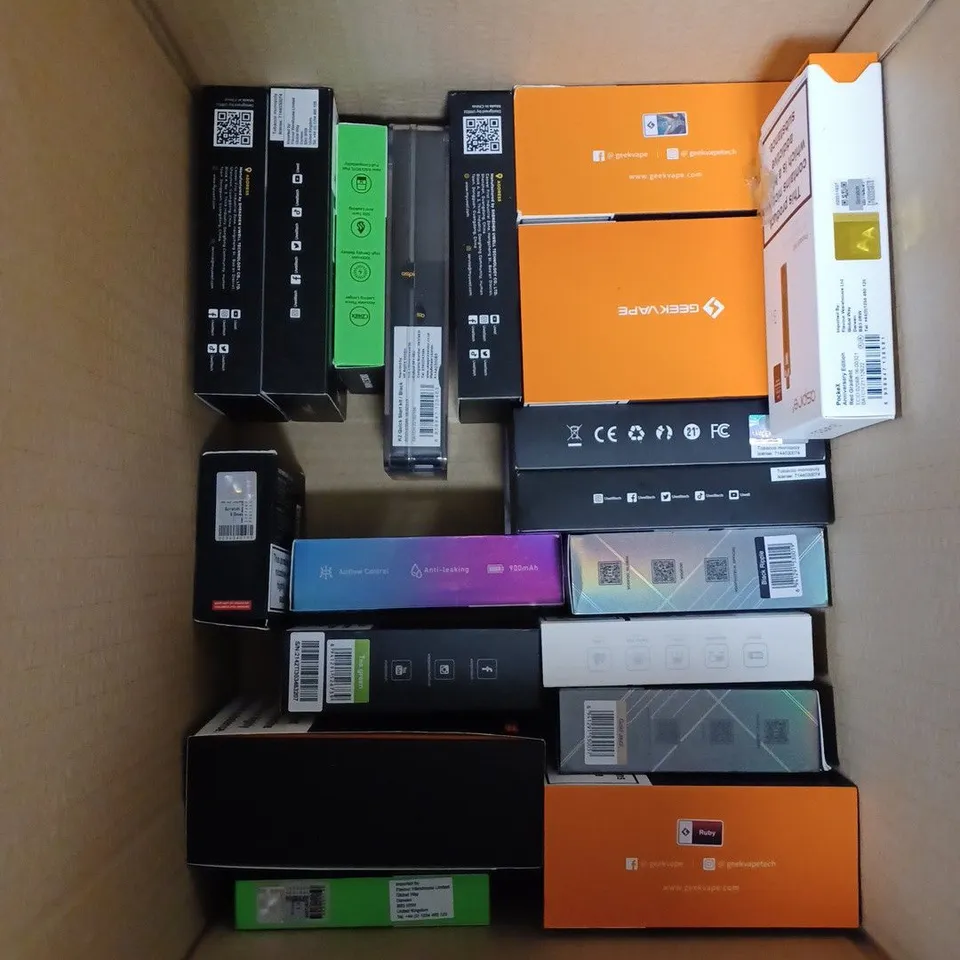 BOX OF APPROXIMATELY 35 E-CIGARETTE PRODUCTS TO INCLUDE VAPORESSO LUXEQS, GEEKVAPE G18, CALIBURN ETC