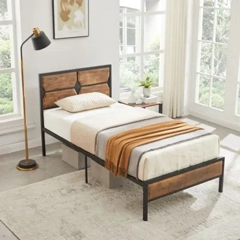BOXED BED FRAME SINGLE DOUBLE METAL PLATFORM BED FRAME WITH WOOD HEADBOARD AND FOOTBOARD