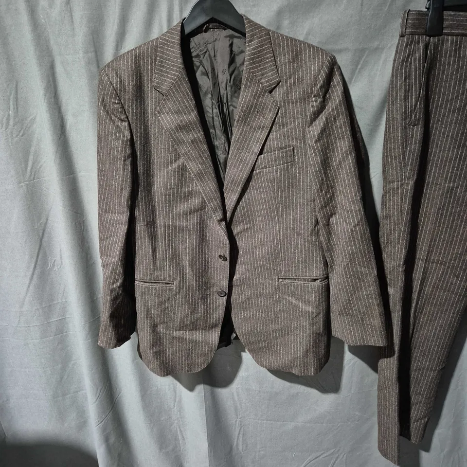 CHRISTIAN DIOR MONSIEUR BROWN PINSTRIPE SUIT – JACKET & TROUSERS - SIZE UNSPECIFIED - STAIN ON INNER LINING OF TROUSER