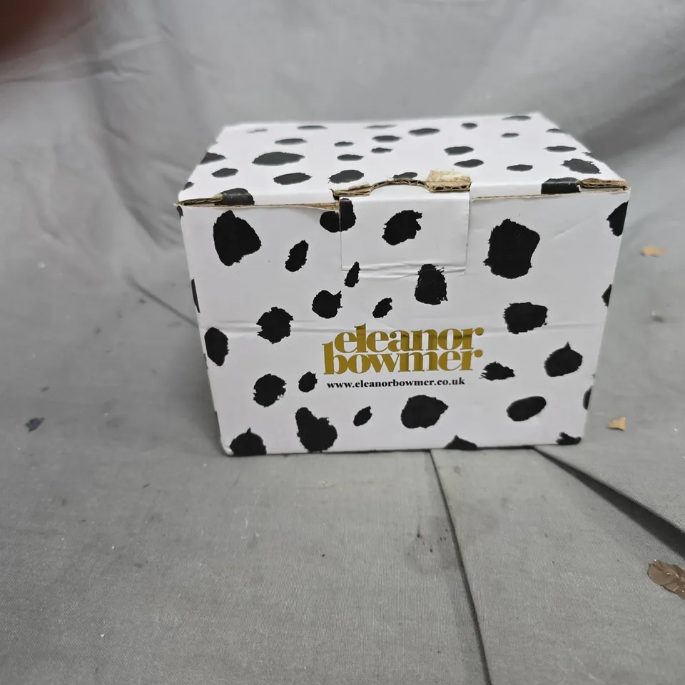 DECORATIVE CERAMIC MUG WITH GREEN HANDLE AND PINK INTERIOR; COLOURFUL PRINT – INCLUDES WHITE POLKA-DOT BOX BRANDED 'ELEANOR BOWMER'