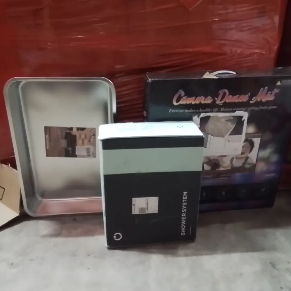 PALLET OF ASSORTED HOUSEHOLD GOODS AND PRODUCTS TO INCLUDE;SHOWER SYSTEM,CAMERA DANCE MAT,CAT LITTER TRAY
