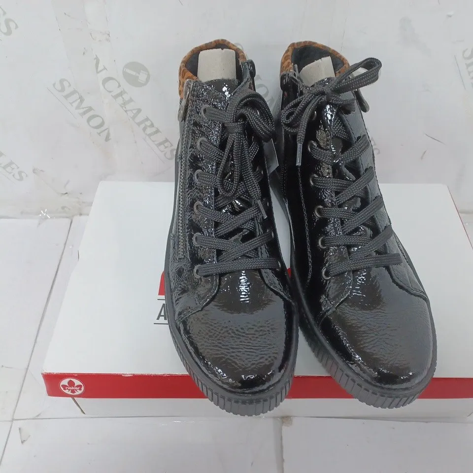 BOXED PAIR OF RIEKER HIGH TOP CUFFED TRAINERS IN BLACK - SIZE 7.5