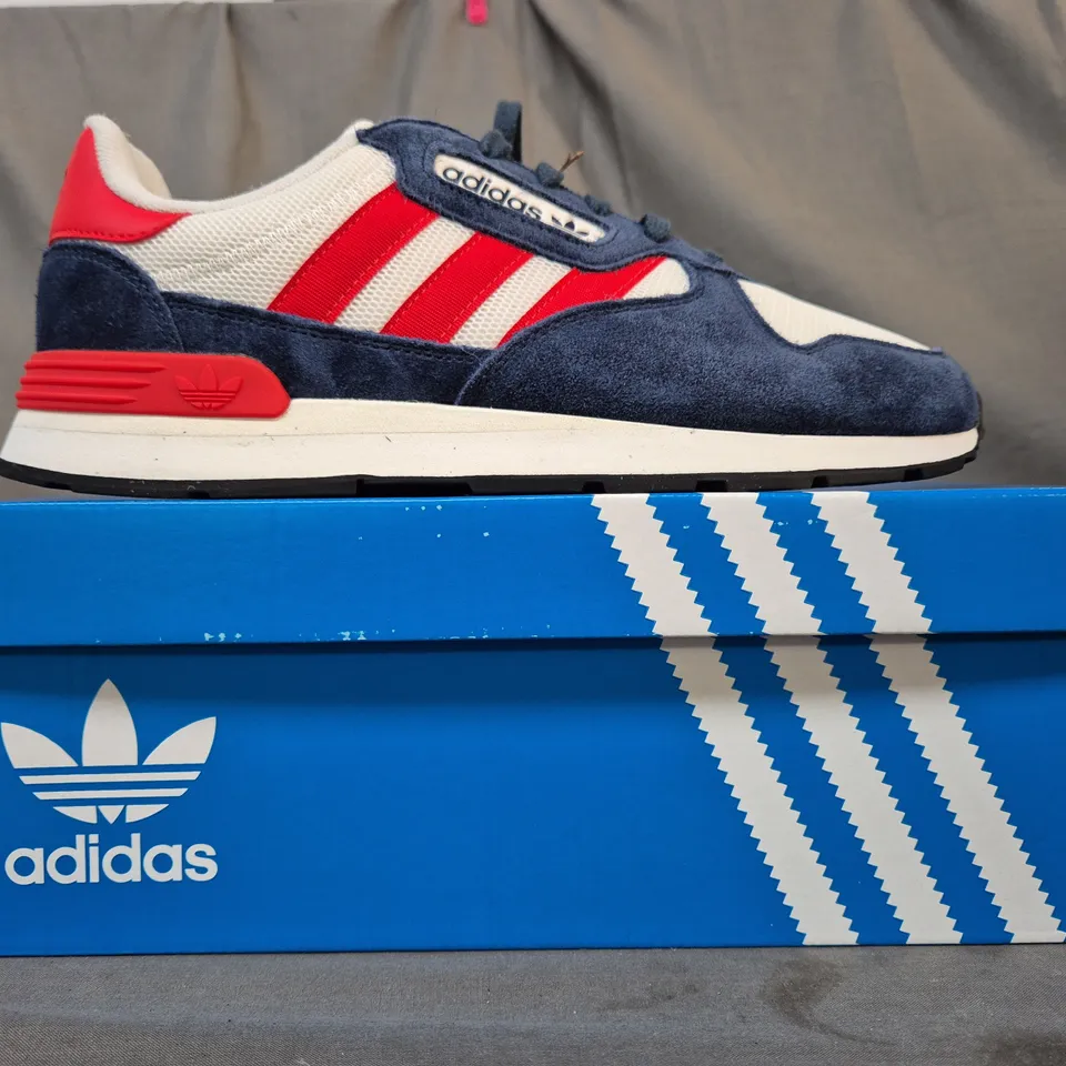 BOXED PAIR OF ADIDAS TREZIOD 2 SHOES IN WHITE/NAVY/RED UK SIZE 8.5