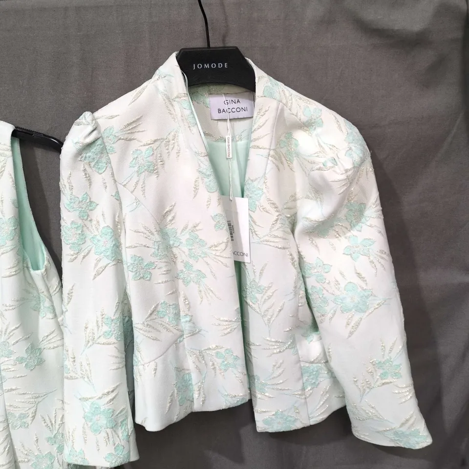 GINA BACCONI DRESS & JACKET SET – MINT FLORAL EMBROIDERED, UK 10 (SBD3088)