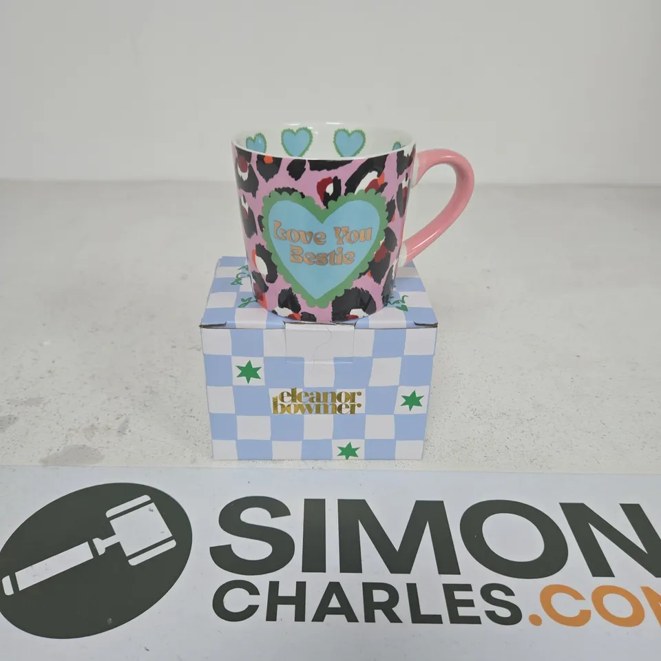 ELEANOR BOWMAN CERAMIC MUG – 'LOVE YOU BESTIE' LEOPARD PRINT, PINK HANDLE