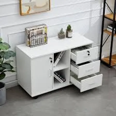 BOXED CLIPOP MOBILE FILE CABINET WITH 3 LOCKABLE DRAWERS, LATERAL PRINTER STAND WITH OPEN STORAGE SHELF, WHITE