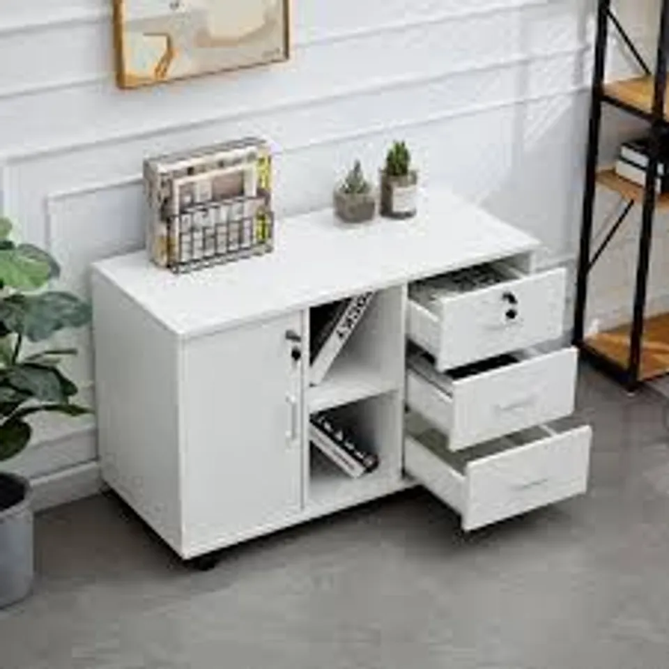 BOXED CLIPOP MOBILE FILE CABINET WITH 3 LOCKABLE DRAWERS, LATERAL PRINTER STAND WITH OPEN STORAGE SHELF, WHITE