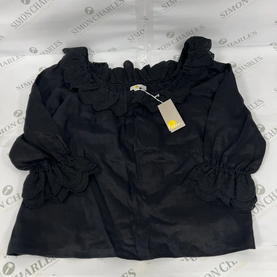 BODEN SQUARE NECK FRILL LINEN BLOUSE IN BLACK SIZE 14