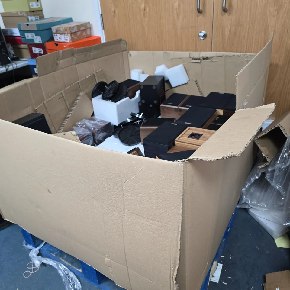 PALLET OF ASSORTED TURNTABLE ACCESSORIES TO CONTAIN PRIMARILY LENCO WOOD EFFECT SPEAKERS